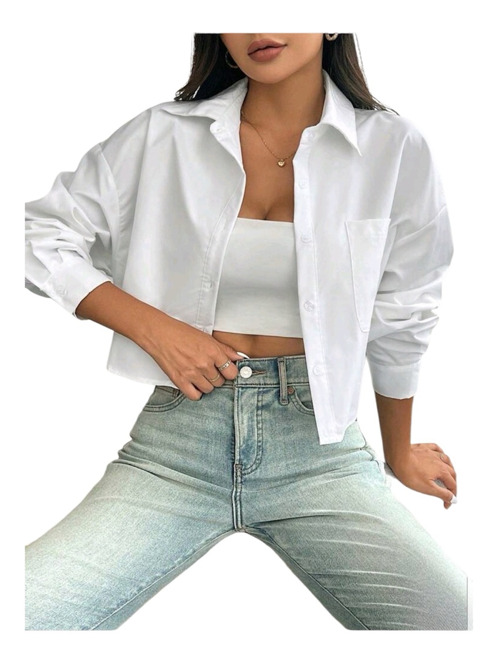 SHEIN PETITE White Cropped Button Down Shirt Petite M NWOT